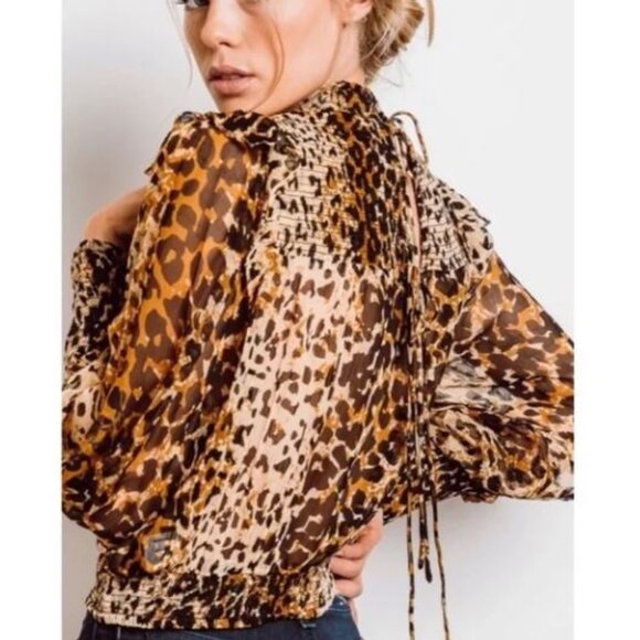 Free People Roma Cheetah Leopard Print Top Smocked Mock Neck Sheer Western Boho - Picture 4 of 14